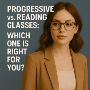 A fashionable young woman with wavy brown hair and tortoiseshell glasses poses against a soft blue-gray background. She is wearing a beige blazer over a cream ribbed top and looks slightly to the side with a calm, confident expression. Bold white text on the left reads: “Progressive vs. Reading Glasses: Which One Is Right for You?”