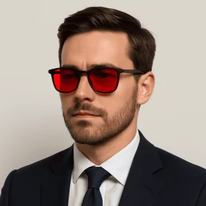 A professional-looking man in a navy suit, white shirt, and tie wearing black-framed sunglasses with bright red lenses against a neutral background.