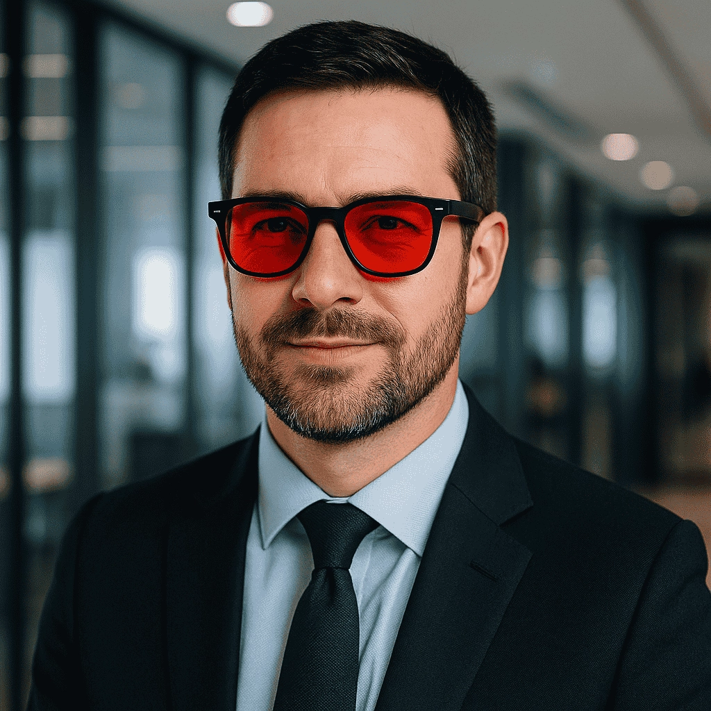 A bearded man in a navy suit and indigo tie wearing red-tinted wayfarer sunglasses stands in a bright, modern office setting.