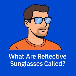 A modern flat-style illustration of a man wearing reflective sunglasses with blue-tinted lenses. He has short brown hair, a trimmed beard, and is dressed in an orange shirt. The background is solid blue, and below the image is the white text: “What Are Reflective Sunglasses Called?”