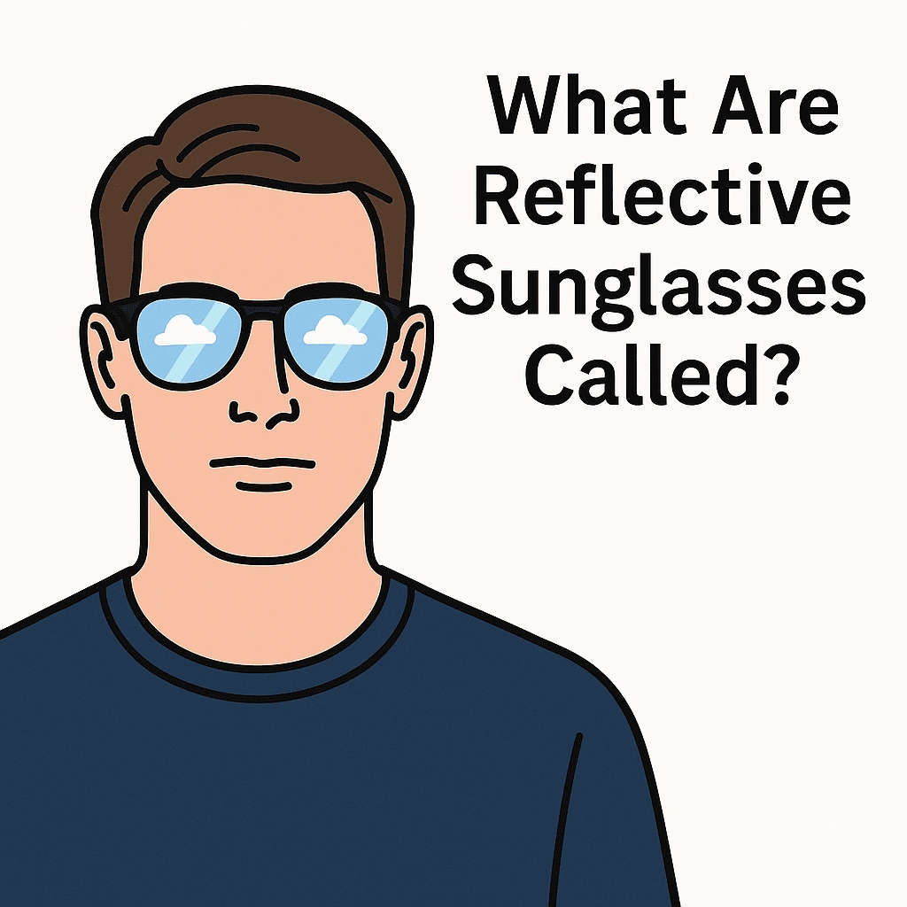 A digital vector illustration featuring a close-up of a man wearing reflective blue sunglasses that show the reflection of a sky with clouds. He has short brown hair and is dressed in a navy T-shirt. The background is white, and bold black text beside him reads, “What Are Reflective Sunglasses Called?”