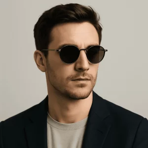 A professional headshot of a young man wearing round black sunglasses, dark wavy hair, a neatly trimmed beard, and a navy blazer over a beige shirt against a neutral gray background.