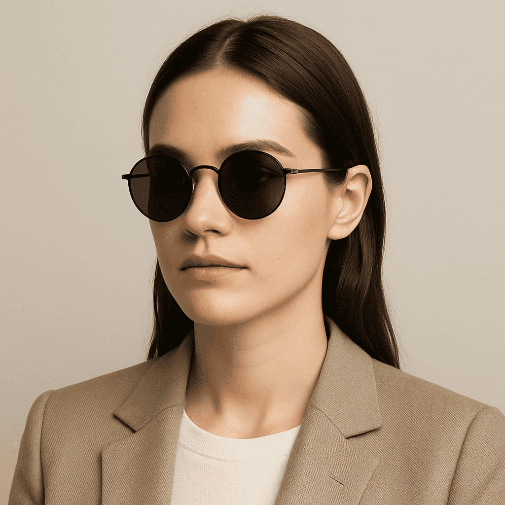 A close-up of a young professional woman wearing round black sunglasses and a beige blazer against a soft neutral background, highlighting the classic circular frame style.