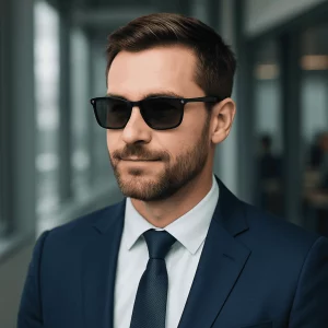 A confident professional man in a navy suit and white shirt wearing sleek black prescription sunglasses, standing in a modern office corridor with soft natural light and blurred windows behind him.