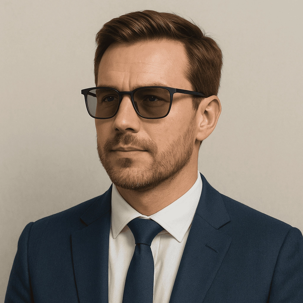 A professional-looking man in a navy suit and white shirt wearing matte black prescription sunglasses with dark lenses, standing against a neutral beige background.