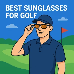 A digital illustration of a confident golfer adjusting his sunglasses on a sunny golf course. He is wearing a navy blue polo and cap, with a red flag marking the hole in the background. The text 'BEST SUNGLASSES FOR GOLF' is prominently displayed at the top.