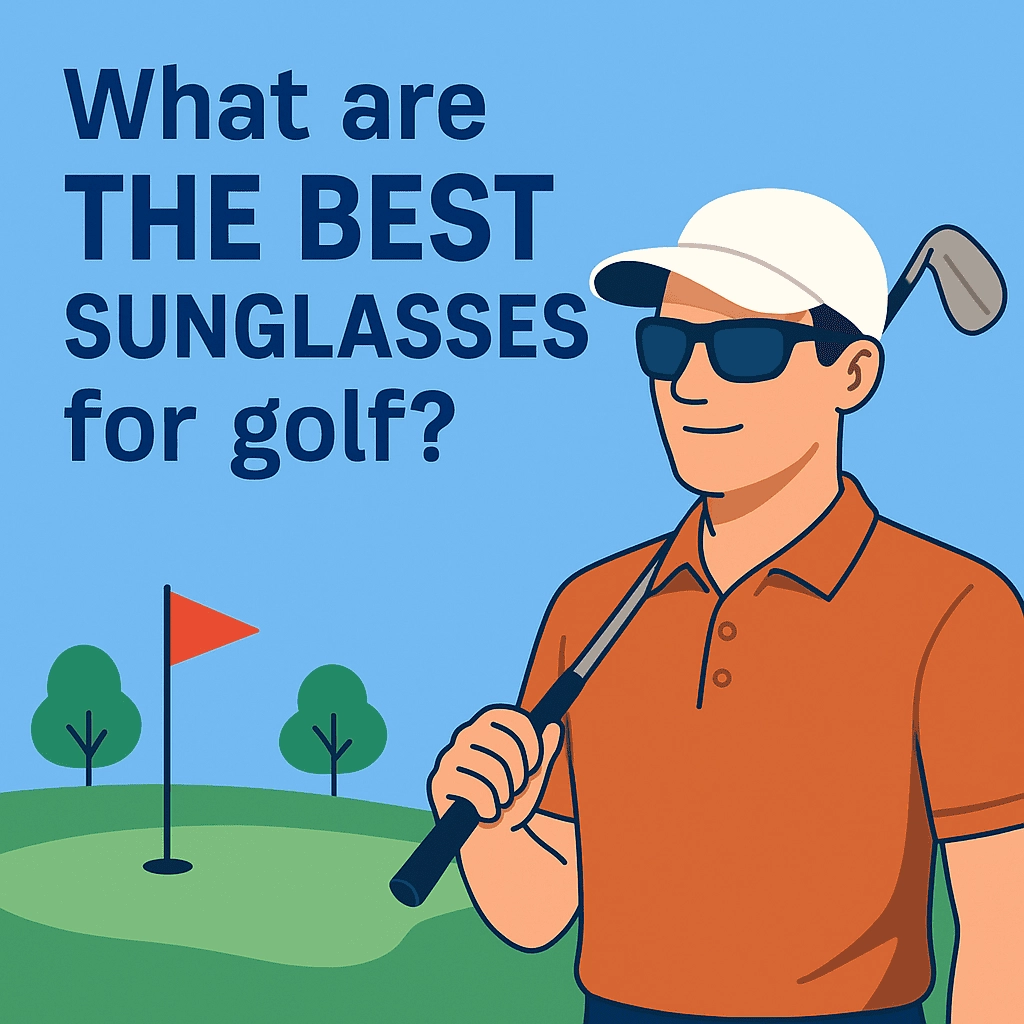 A digital illustration featuring a golfer wearing black wraparound sunglasses and a white cap. The golfer is holding a golf club and smiling in front of a golf course with a flagstick visible. The text 'What are the BEST SUNGLASSES for golf?' is displayed in bold blue letters in the background.
