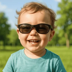A smiling toddler boy with tousled hair wearing black UV-protective sunglasses stands outdoors in a sunlit park with green grass and trees blurred in the background.