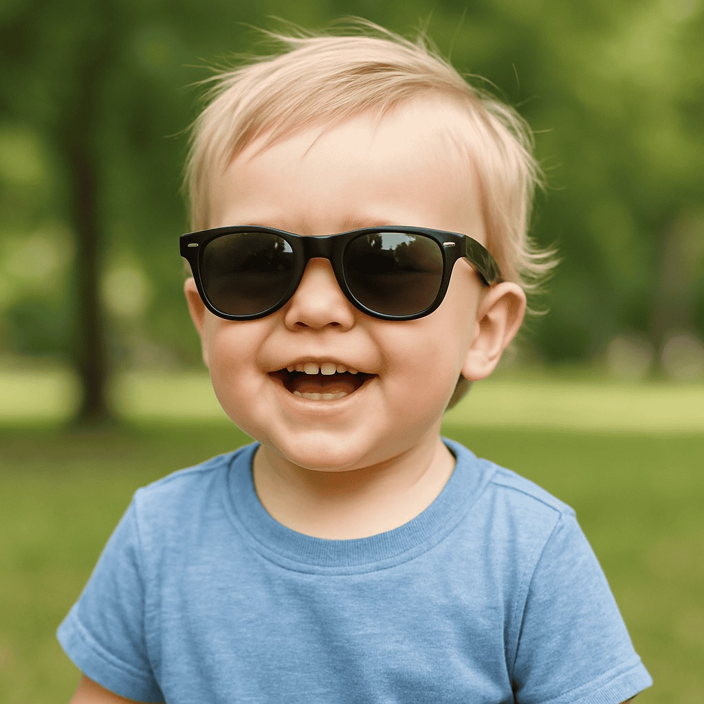 A smiling toddler wearing black, UV-protective Wayfarer-style sunglasses and a light blue shirt stands in a sunlit park with green grass and trees softly blurred in the background, highlighting both playful expression and eyewear fit.