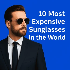 A confident Caucasian man with a dark brown beard and neatly styled hair, wearing aviator sunglasses, a sharp navy suit, a crisp white shirt, and a black tie. The background is royal blue, with the text '10 Most Expensive Sunglasses in the World' displayed prominently to the right of him.