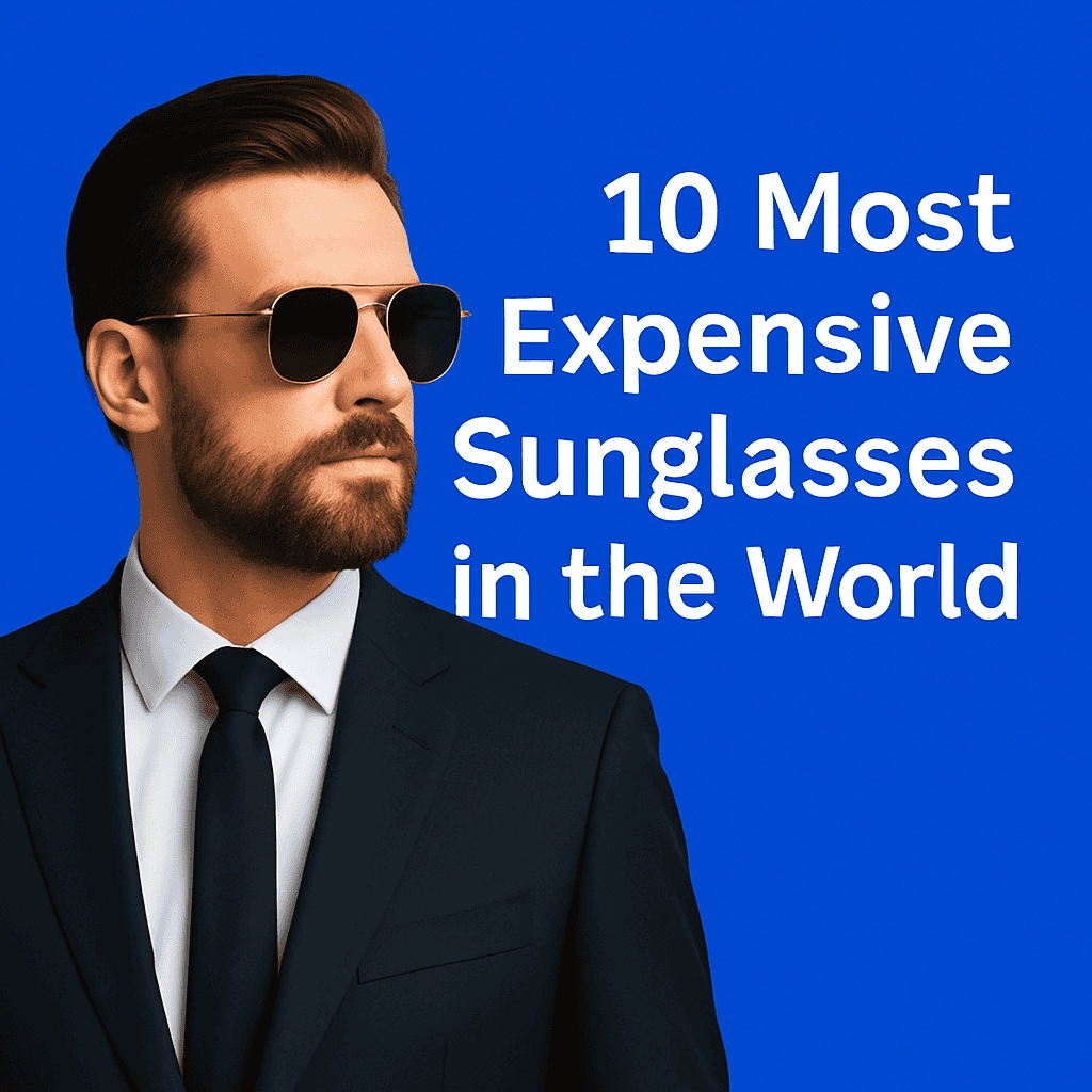 A confident Caucasian man with a dark brown beard and neatly styled hair, wearing aviator sunglasses, a sharp navy suit, a crisp white shirt, and a black tie. The background is royal blue, with the text '10 Most Expensive Sunglasses in the World' displayed prominently to the right of him.