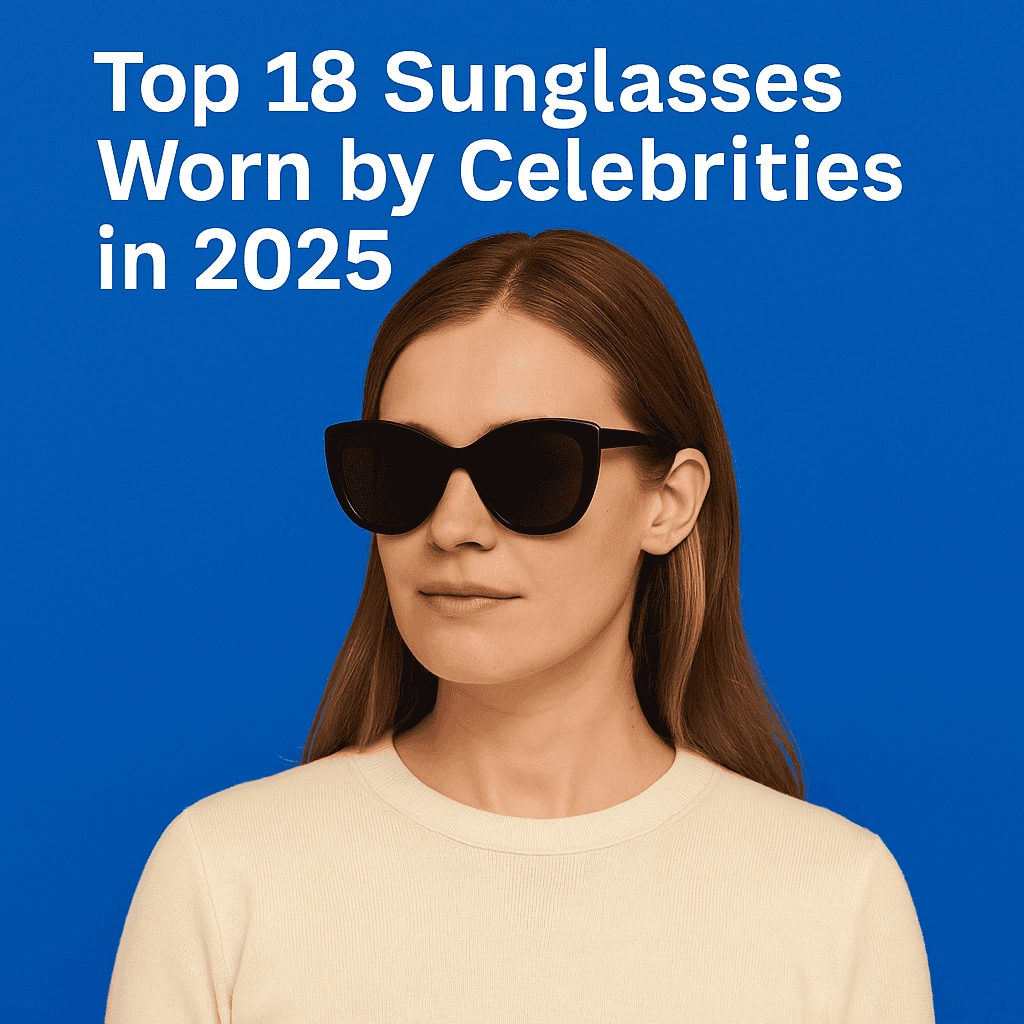 A confident Caucasian woman modeling sleek black cat-eye sunglasses against a bold, vivid blue backdrop, wearing a cream-colored ribbed sweater. The headline 'Top 18 Sunglasses Worn by Celebrities in 2025' is displayed in white text at the top.