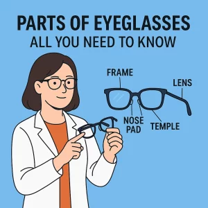 The image features a clean, flat-style digital illustration of a person wearing eyeglasses. The character is depicted in a simple, modern style with an emphasis on clear, bold lines. The person is shown in a professional, neutral pose, highlighting the eyeglasses as the focal point of the image. The color palette is minimalistic, with soft tones and a neutral background to keep the attention on the eyeglasses. This illustration can be used for educational or professional content about eyewear.