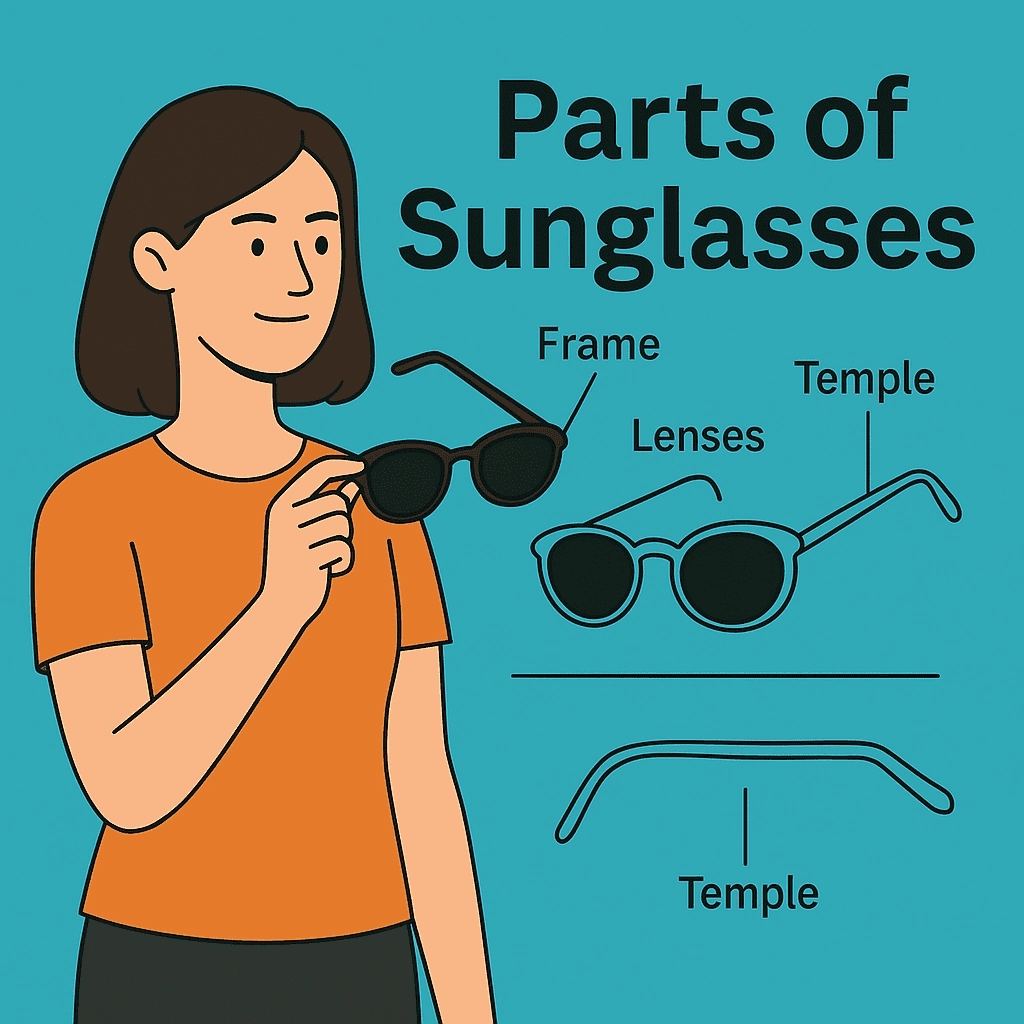 A digital illustration of a woman with medium-length dark brown hair, wearing an orange T-shirt and holding a pair of sunglasses. The sunglasses are being examined in her right hand. A simple diagram on the right labels the parts of the sunglasses: Frame, Lenses, and Temple.