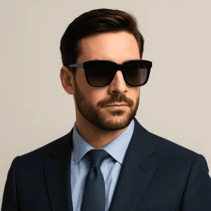 A close-up portrait of a professional man wearing bold, oversized cat-eye sunglasses with dark gradient lenses, dressed in a navy suit and light blue shirt, looking confidently to the side against a neutral beige background.