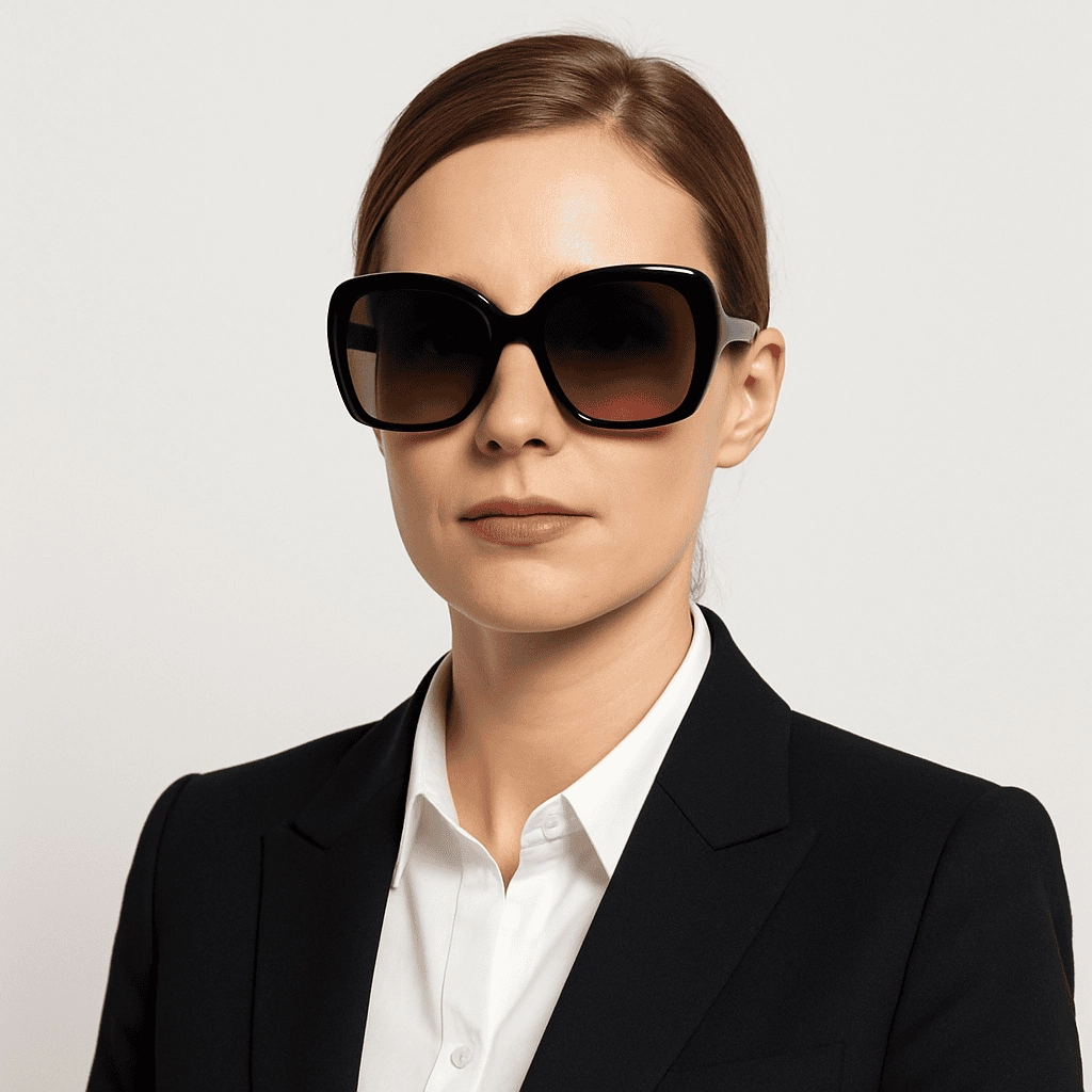A professional woman wearing oversized black acetate sunglasses and a tailored black blazer against a plain white background, looking confidently toward the camera.