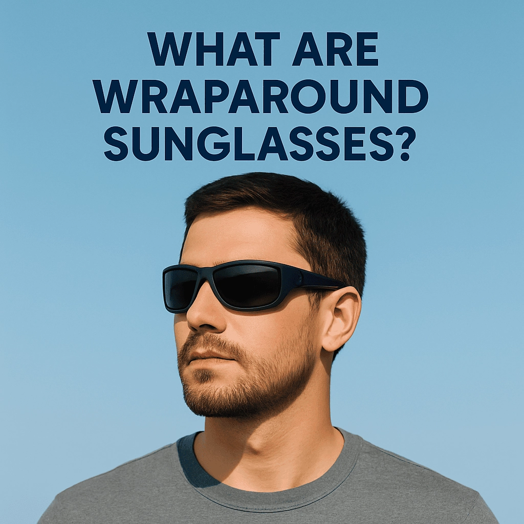 A young man with a light complexion and short beard, wearing wraparound sunglasses, looking confidently against a bright blue sky. The text 'WHAT ARE WRAPAROUND SUNGLASSES?' is displayed above him in bold navy blue.