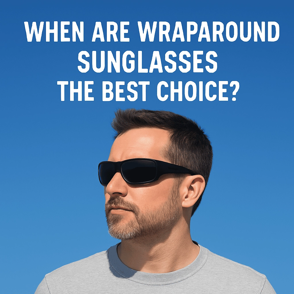 A middle-aged man with light skin and a neatly trimmed beard is wearing dark wraparound sunglasses, posing against a seamless blue sky. He is dressed in a casual gray t-shirt and gazes thoughtfully to the side, with the question "WHEN ARE WRAPAROUND SUNGLASSES THE BEST CHOICE?" displayed in bold white text above him.
