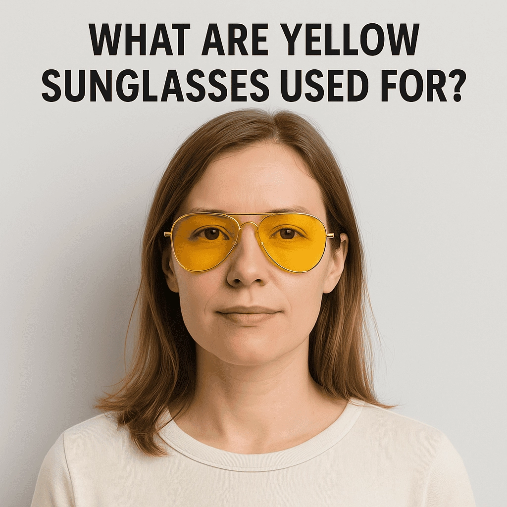 A calm-looking Caucasian woman in her late twenties or early thirties is wearing yellow aviator sunglasses with a subtle smile. She has light brown, naturally wavy hair and is dressed in a soft cream-colored shirt. The background is a simple gray wall, with bold black text reading "WHAT ARE YELLOW SUNGLASSES USED FOR?"