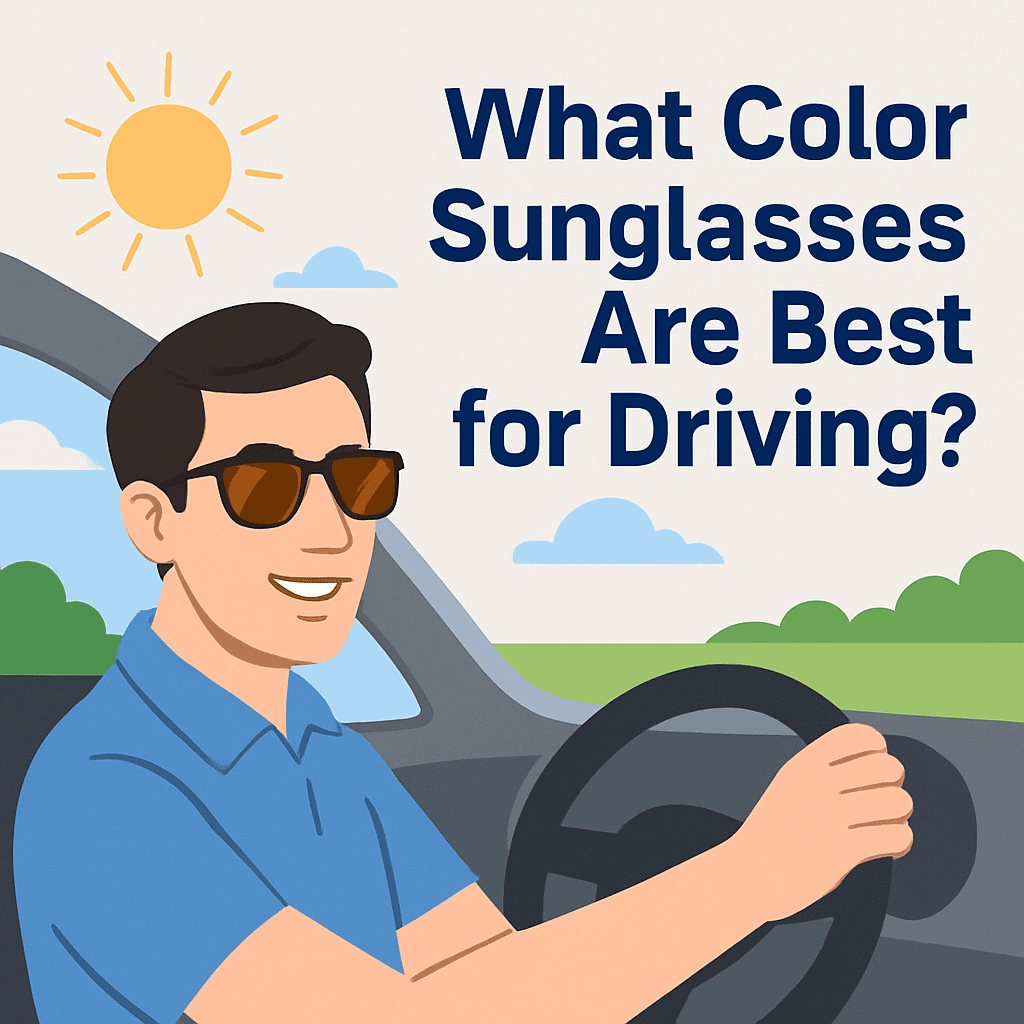The image shows a cheerful Caucasian man driving a car while wearing brown-tinted polarized sunglasses. He is dressed in a light blue polo shirt, with soft rolling hills and a bright sun in the background. The image features the text "What Color Sunglasses Are Best for Driving?" in bold, prominent lettering.