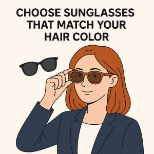 A flat-style illustration of a professional woman with shoulder-length auburn hair wearing a navy blazer and white blouse. She holds amber-framed sunglasses near her eyes while a black-frame pair floats beside her. The background is off-white with bold text reading “CHOOSE SUNGLASSES THAT MATCH YOUR HAIR COLOR” at the top.