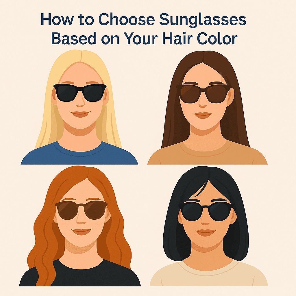 Illustration of four individuals—one blonde, one brunette, one redhead, and one with black hair—each wearing a different style of sunglasses, arranged in a 2×2 grid beneath the headline “How to Choose Sunglasses Based on Your Hair Color.”