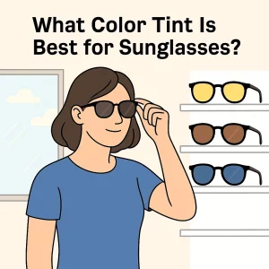 A woman with short brown hair wearing a blue shirt tries on a pair of sunglasses with dark brown lenses. She stands in front of a display wall featuring sunglasses with different tinted lenses—yellow, brown, and blue. The background is light and minimal, and bold black text above her reads, “What Color Tint Is Best for Sunglasses?”