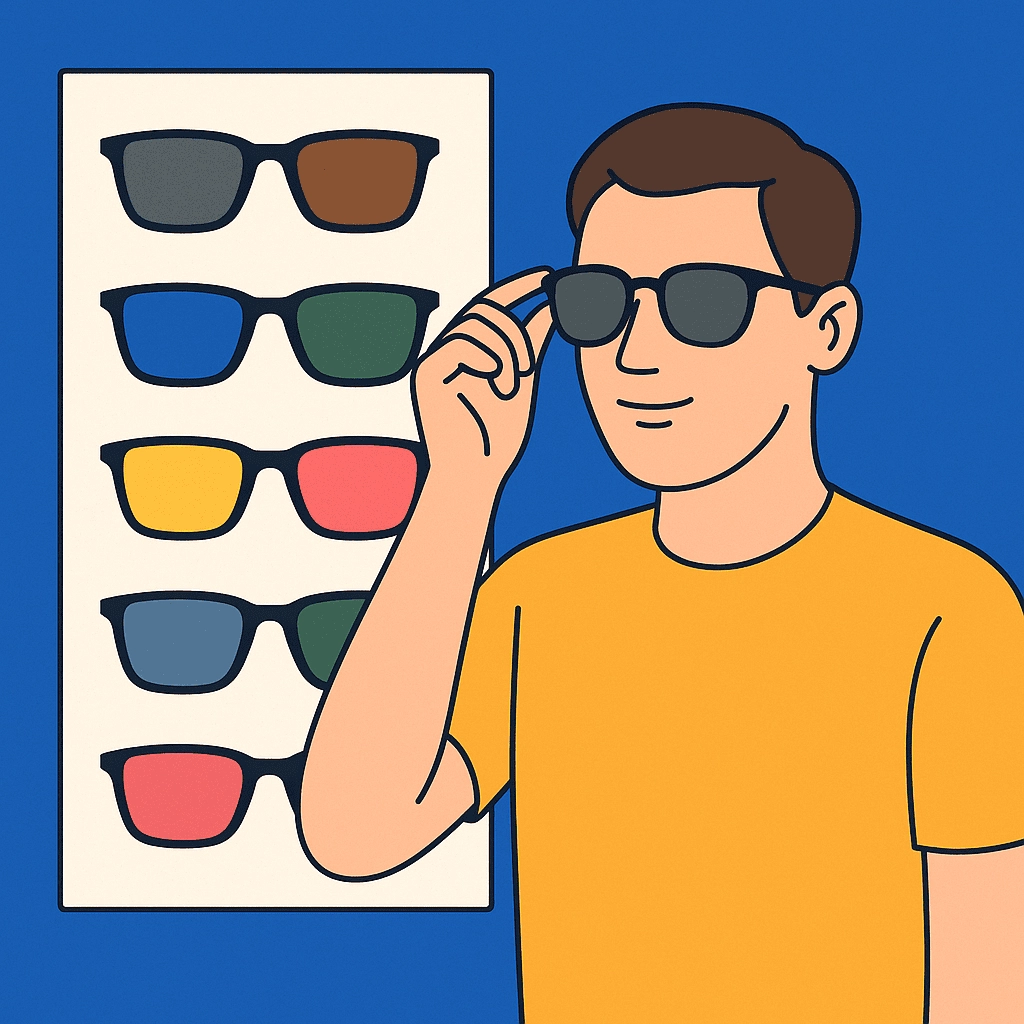 A man with light skin and short brown hair, wearing a mustard-yellow shirt, tries on black sunglasses with gray lenses. He stands beside a display board showcasing six different sunglasses in various lens colors, including brown, green, yellow, red, and blue, against a bold blue background.