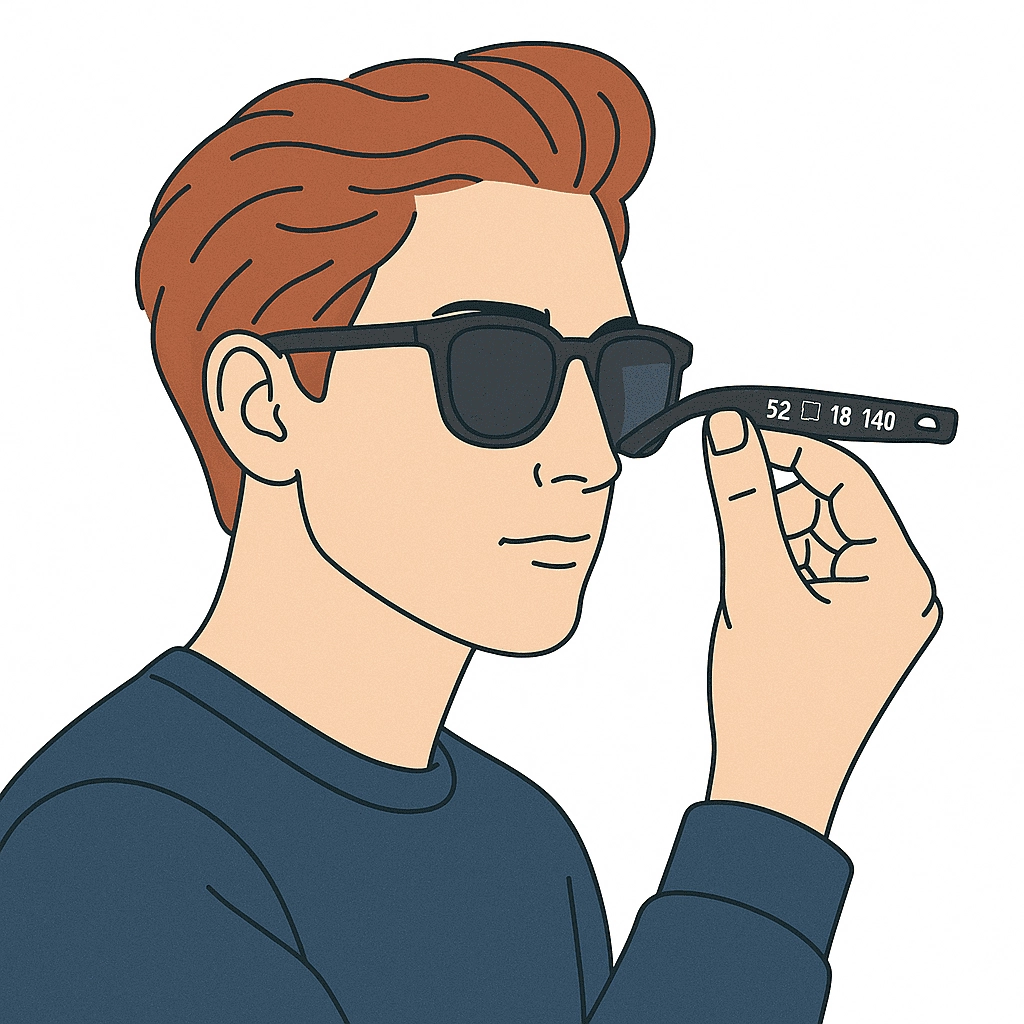 A clean, flat-style illustration of a young man holding the temple arm of his black wayfarer sunglasses close to his face, examining the size markings “52 ☐ 18 140” printed on the inside of the arm.