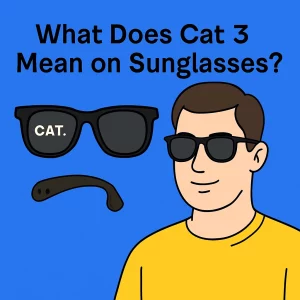 The image features a digital illustration with a blue background. On the left side, there is a pair of sunglasses with the label "CAT." prominently displayed. On the right, a man wearing a yellow shirt is shown wearing black-framed sunglasses with dark lenses. The title "What Does Cat 3 Mean on Sunglasses?" is written in bold, clear text at the top of the image.