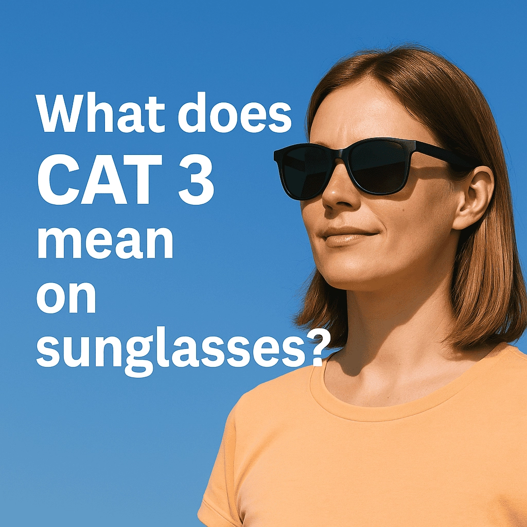 The image shows a woman with shoulder-length light brown hair, wearing CAT 3 sunglasses, standing against a clear blue sky. She is smiling gently, wearing a light orange T-shirt. On the left side of the image, bold white text reads, "What does CAT 3 mean on sunglasses?"