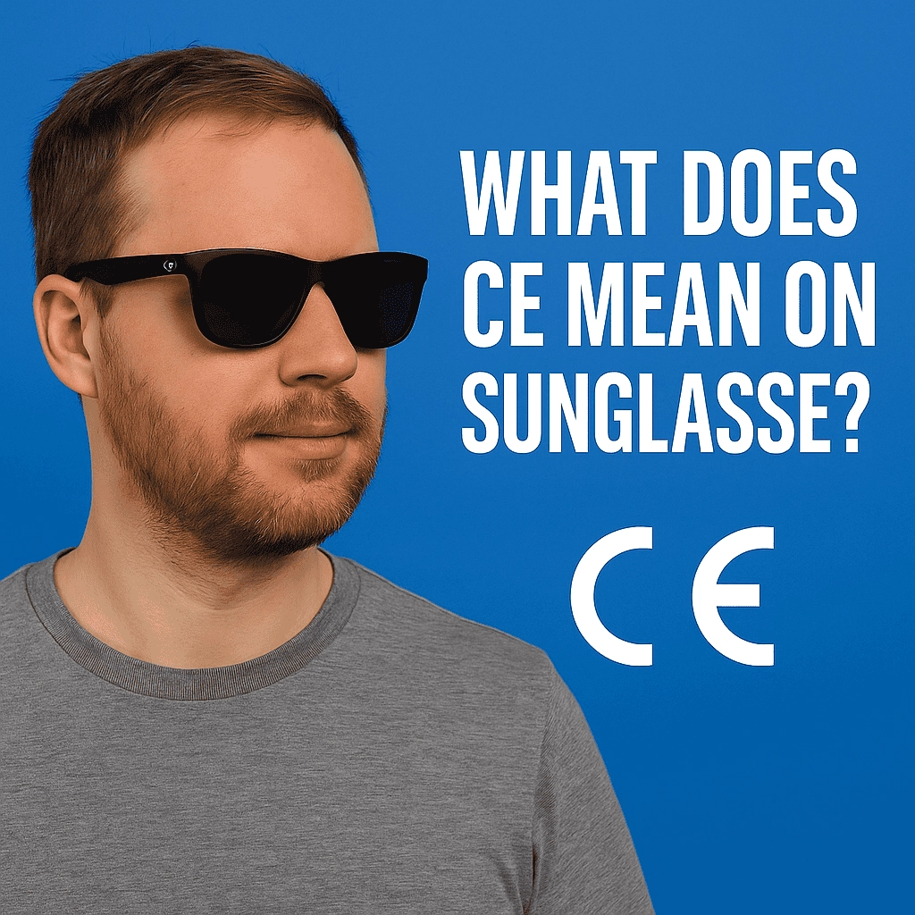 The image features a man with a well-groomed beard, wearing stylish black sunglasses, standing against a solid blue backdrop. He is gazing to the right with a slight smile on his face. Next to him, bold white text reads, "WHAT DOES CE MEAN ON SUNGLASSES?" with the "CE" symbol also displayed below the text. The focus is on the details of his sunglasses and the clean, minimalist composition.
