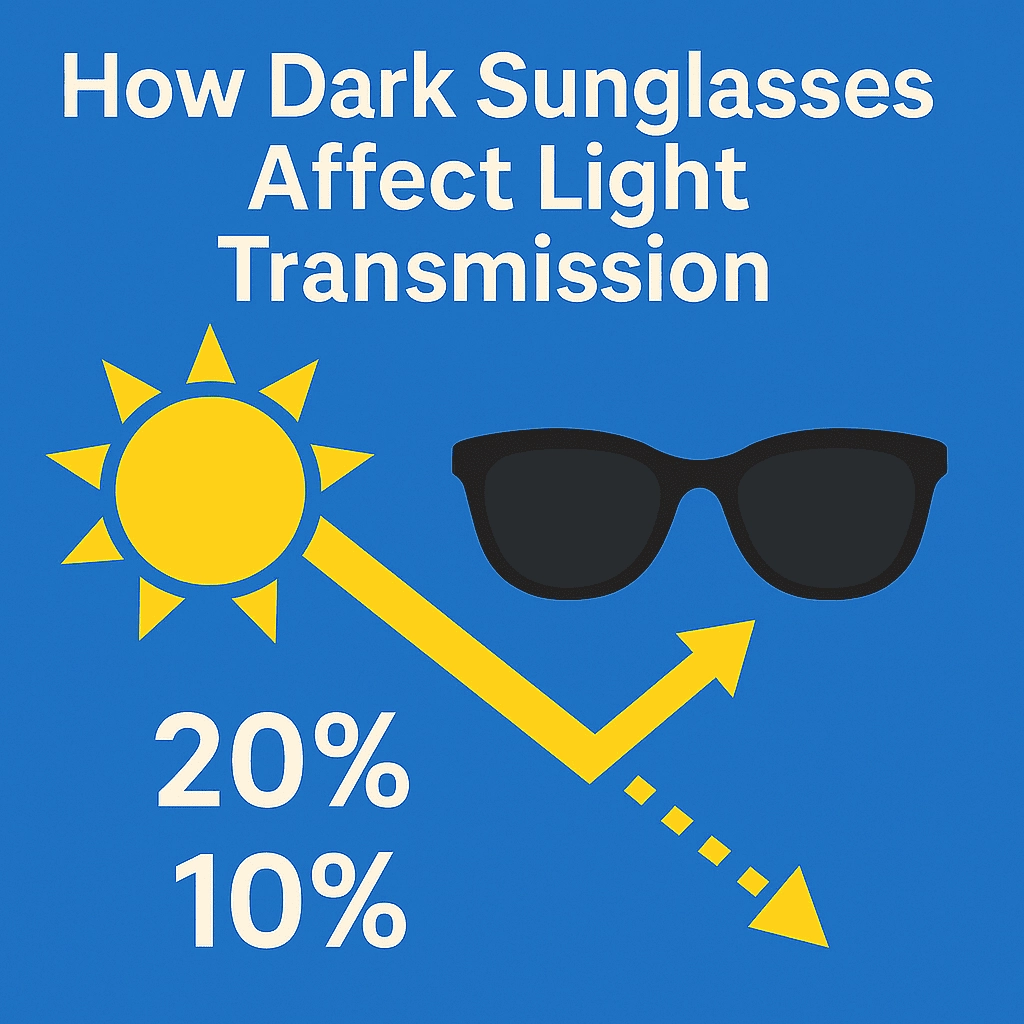 A blue infographic titled “How Dark Sunglasses Affect Light Transmission.” It shows a stylized yellow sun emitting light toward a pair of dark sunglasses. A bold yellow arrow represents light transmission, with labels indicating “20%” and “10%” to show how much light passes through or is reduced. The visual illustrates how dark lenses limit the amount of light that reaches the eyes.