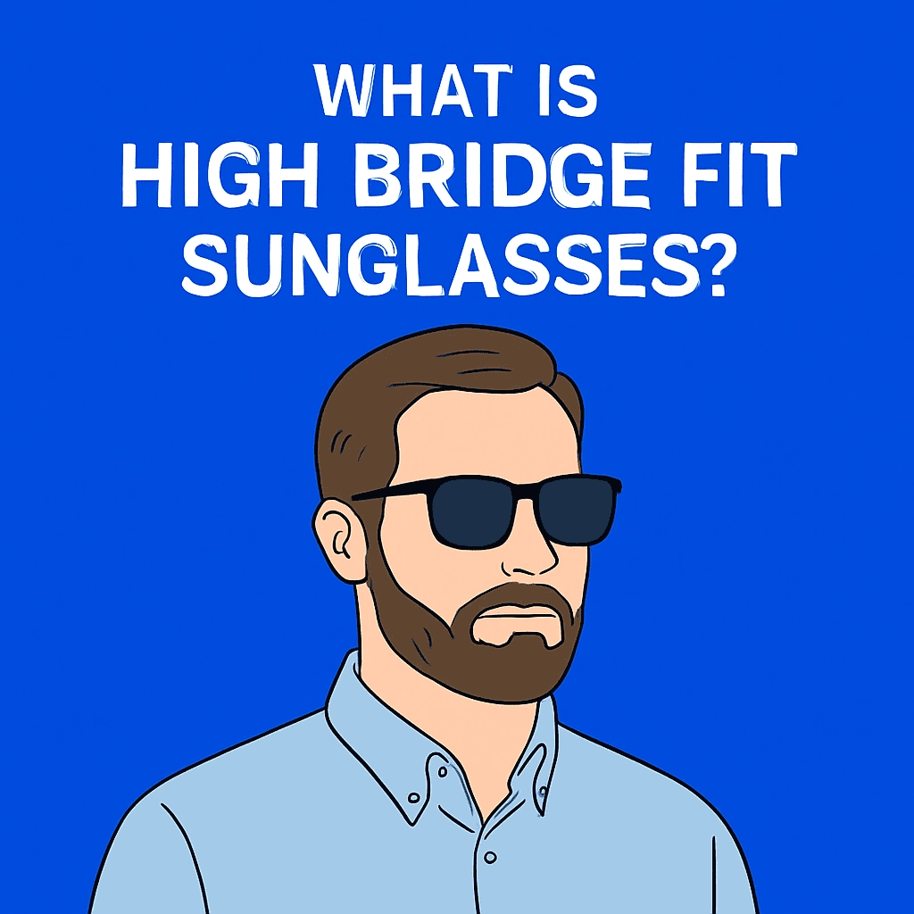 A digital illustration of a Caucasian man with short brown hair and a beard wearing high bridge fit sunglasses and a light blue button-up shirt. The background is solid blue, and above his head is bold white text that reads, "WHAT IS HIGH BRIDGE FIT SUNGLASSES?"