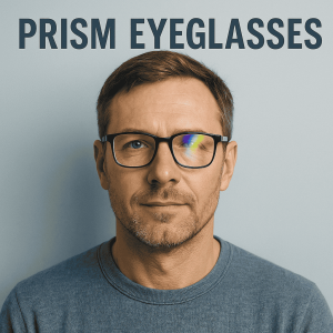 A close-up portrait of a middle-aged man with light brown hair and trimmed stubble wearing black rectangular eyeglasses, one lens reflecting a rainbow prism effect, set against a soft gradient blue-gray background with the words “PRISM EYEGLASSES” in bold navy letters above his head.