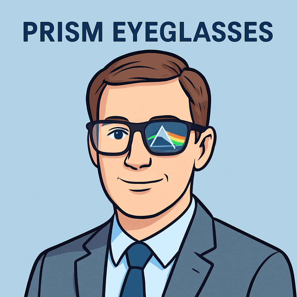 A digital illustration of a professionally dressed man wearing black rectangular eyeglasses with a rainbow prism graphic on one lens. He has short brown hair, blue-gray eyes, and a light blue background with the text “PRISM EYEGLASSES” in bold navy letters above his head.