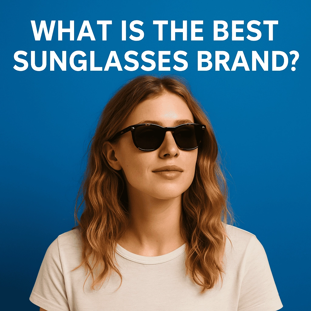 The image shows a young Caucasian woman with light brown, wavy hair, wearing tortoiseshell sunglasses. She gazes slightly upward with a soft smile, dressed in a casual off-white T-shirt. The background is a vivid blue with bold white text above her that reads, "WHAT IS THE BEST SUNGLASSES BRAND?"