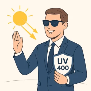 A professional man in a navy suit and light blue tie wearing sleek black UV400 sunglasses against a light blue background, with arrows showing UV rays being blocked by the lenses and bold text reading “UV Protection for Sunglasses” and “UV400 & Beyond.”