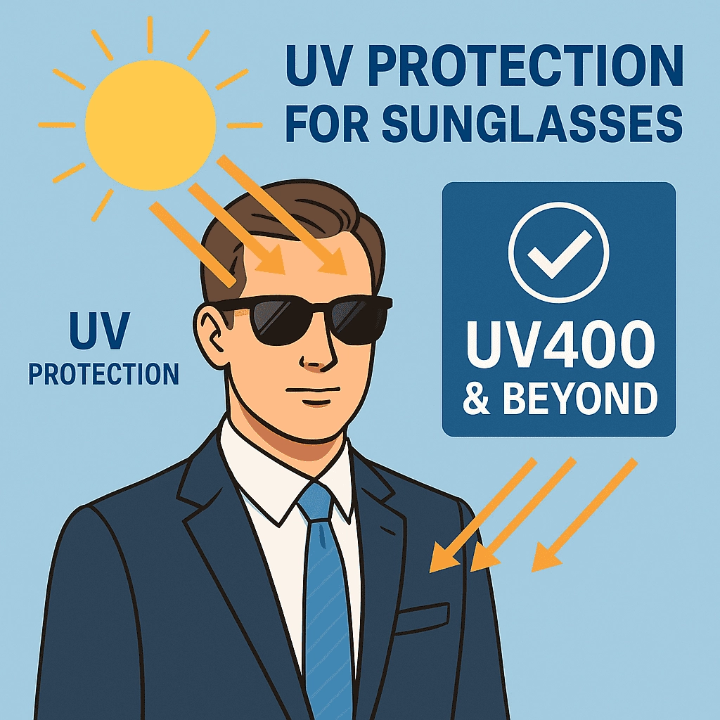 A flat-style illustration of a professional man in a navy suit wearing UV400-rated sunglasses and holding a shield labeled “UV400” as yellow sun rays bounce off it.