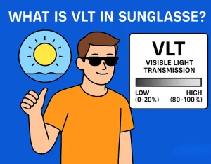 A digital infographic showing a man wearing sunglasses, standing next to a bright sun graphic. The image explains Visual Light Transmission (VLT) in sunglasses with clear text and a gradient bar illustrating the VLT range from low (0-20%) to high (80-100%).