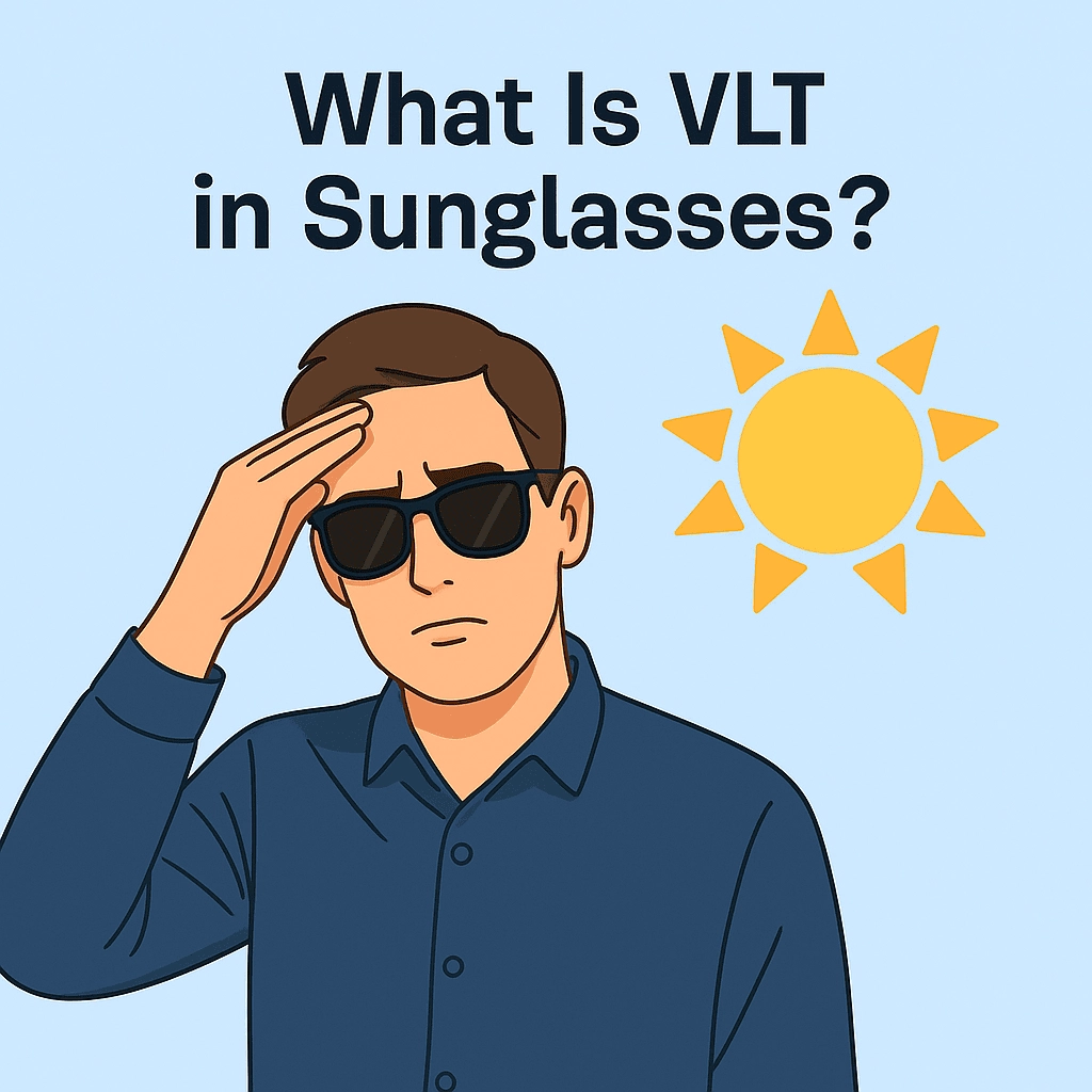 A digital illustration titled 'What Is VLT in Sunglasses?' showing a man wearing dark sunglasses and shielding his eyes from the sun. A bright yellow sun symbol is on the right, illustrating the connection between VLT (Visual Light Transmission) and sunlight exposure.