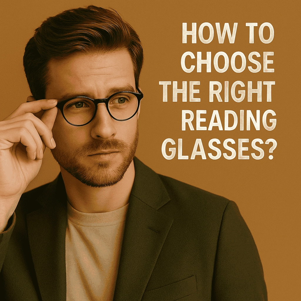 A fashionable young man with short brown hair and a neatly trimmed beard wears round black reading glasses. He’s dressed in an olive-green blazer over a beige sweater and is adjusting his glasses while gazing thoughtfully to the side. The background is a warm brown tone, and white text on the right reads: “How to Choose the Right Reading Glasses?”