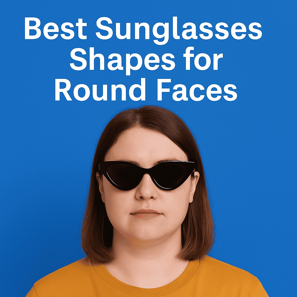 A woman with a round face wearing black cat-eye sunglasses and a mustard yellow shirt, standing against a solid blue background. The text above her reads: “Best Sunglasses Shapes for Round Faces.”