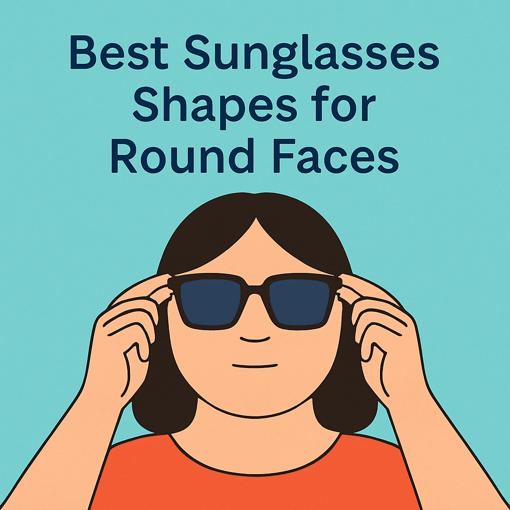 Illustration of a person with a round face wearing dark sunglasses and adjusting them with both hands. The person has medium-length dark hair and is wearing an orange shirt. The background is light teal, and the text above reads: “Best Sunglasses Shapes for Round Faces.”