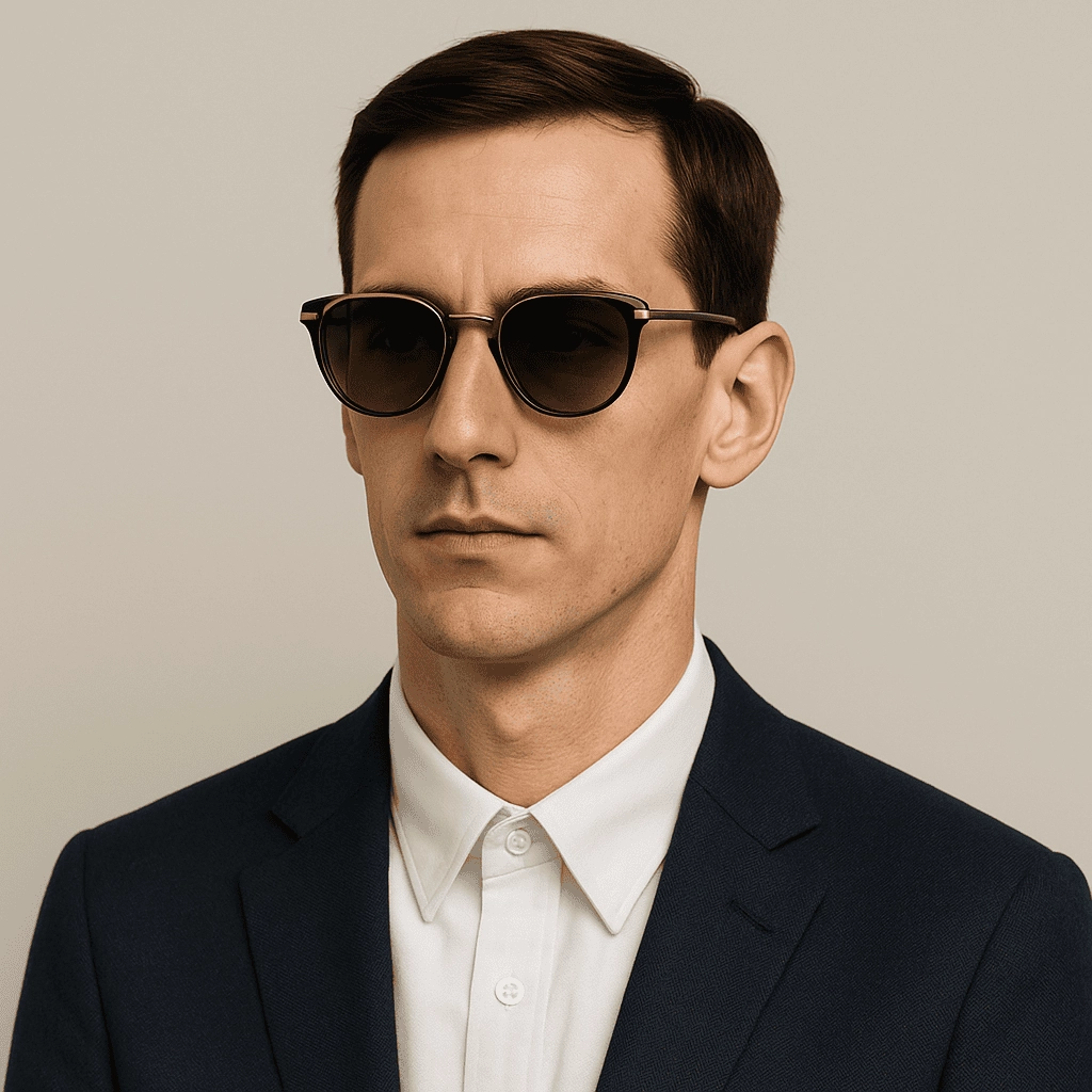 A head-and-shoulders portrait of a professional man with a long, narrow face wearing dark, slightly rounded sunglasses, a navy suit jacket, and a white shirt against a soft, neutral background.