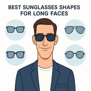 Illustration of a confident professional man wearing dark Wayfarer sunglasses and a navy blazer, centered against a white background. Around him are four circular callouts showing alternative sunglass shapes—rectangular, aviator, square, and round—each highlighted in light blue. At the top in bold uppercase letters reads “Best Sunglasses Shapes for Long Faces.”