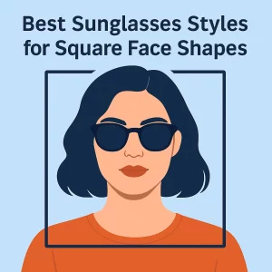 A young woman with a square face shape is wearing stylish round sunglasses and a light-colored top. She stands against a clean, neutral background, showcasing how curved eyewear softens strong jawlines. The image is framed in a professional 800x800mm format, ideal for use in fashion or eyewear industry blogs.