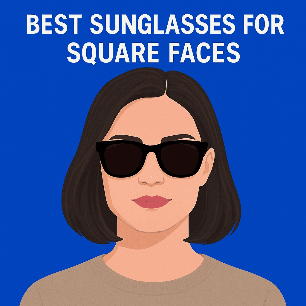 A close-up of a fashionable woman with a square-shaped face wearing rounded sunglasses. She stands against a neutral background, highlighting the contrast between her angular features and the soft curves of the eyewear. The image illustrates ideal sunglasses styling for square face shapes.