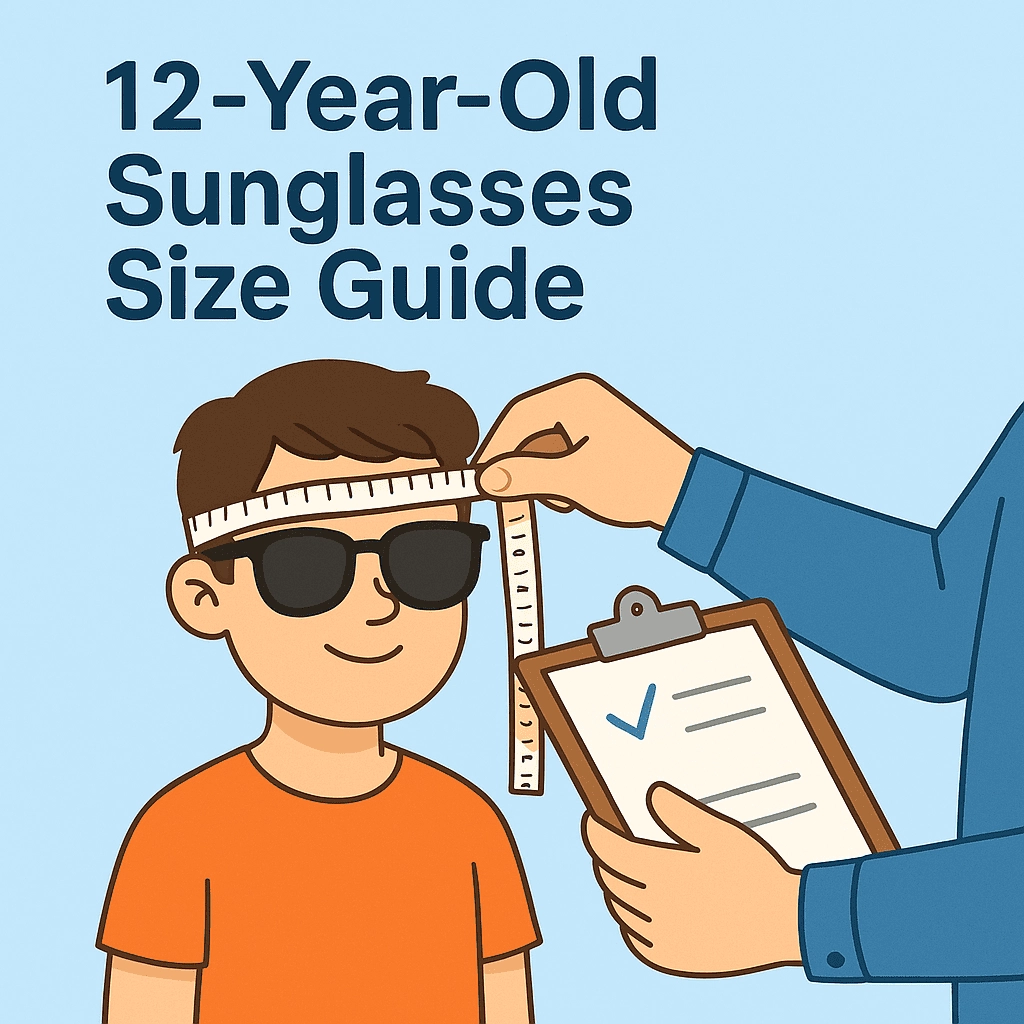 A smiling 12-year-old boy wearing dark sunglasses and an orange shirt stands while an adult measures his head with a white tape measure and holds a clipboard with a checklist, all set against a light blue background with the text “12-Year-Old Sunglasses Size Guide” at the top.