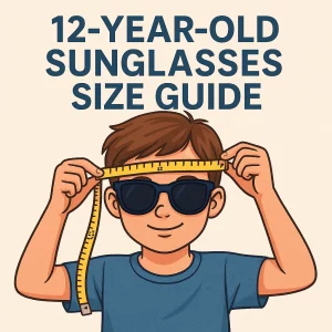 A smiling 12-year-old boy wearing black sunglasses and a blue T-shirt holds a yellow measuring tape across his forehead to determine his head size, with the bold text “12-YEAR-OLD SUNGLASSES SIZE GUIDE” above him on a beige background.